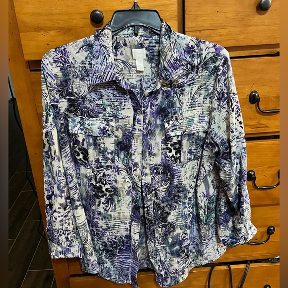 Plus Sz Chicos Sz 3(XL) Watercolor button up collar long S loose fit light flowy - Picture 1 of 3